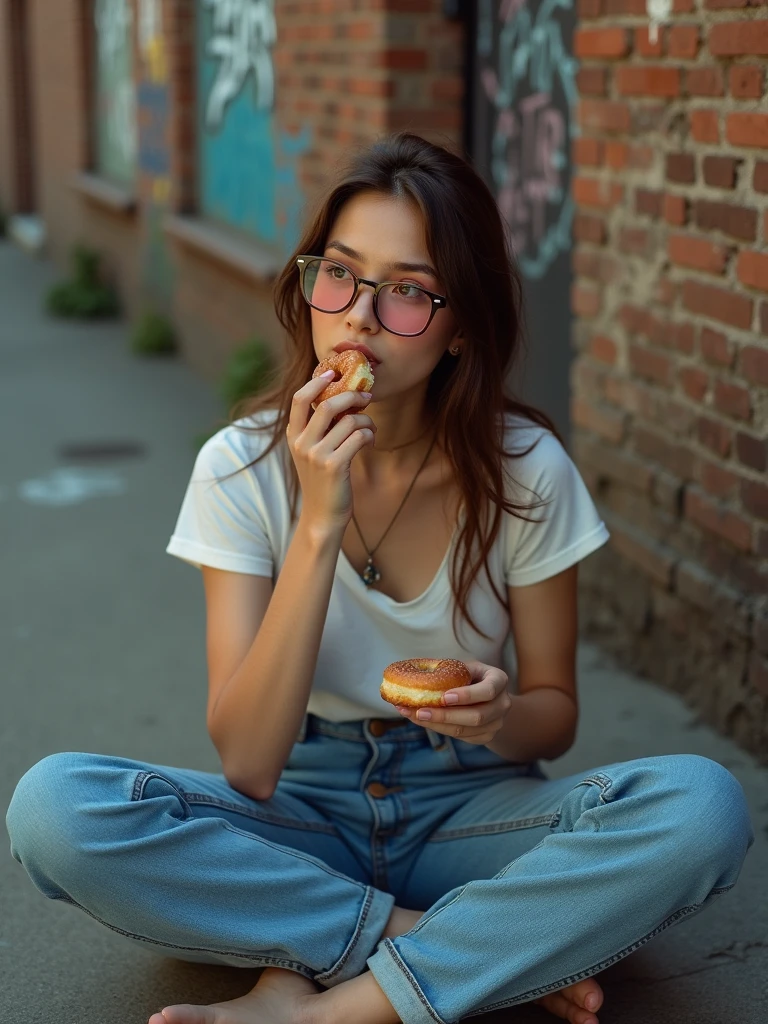 a woman sitting on the floor eating a donut, inspired by Elsa Bleda, unsplash contest winner, graffiti, woman with rose tinted glasses, newspaper photography, chloe moretz, jeans and t shirt