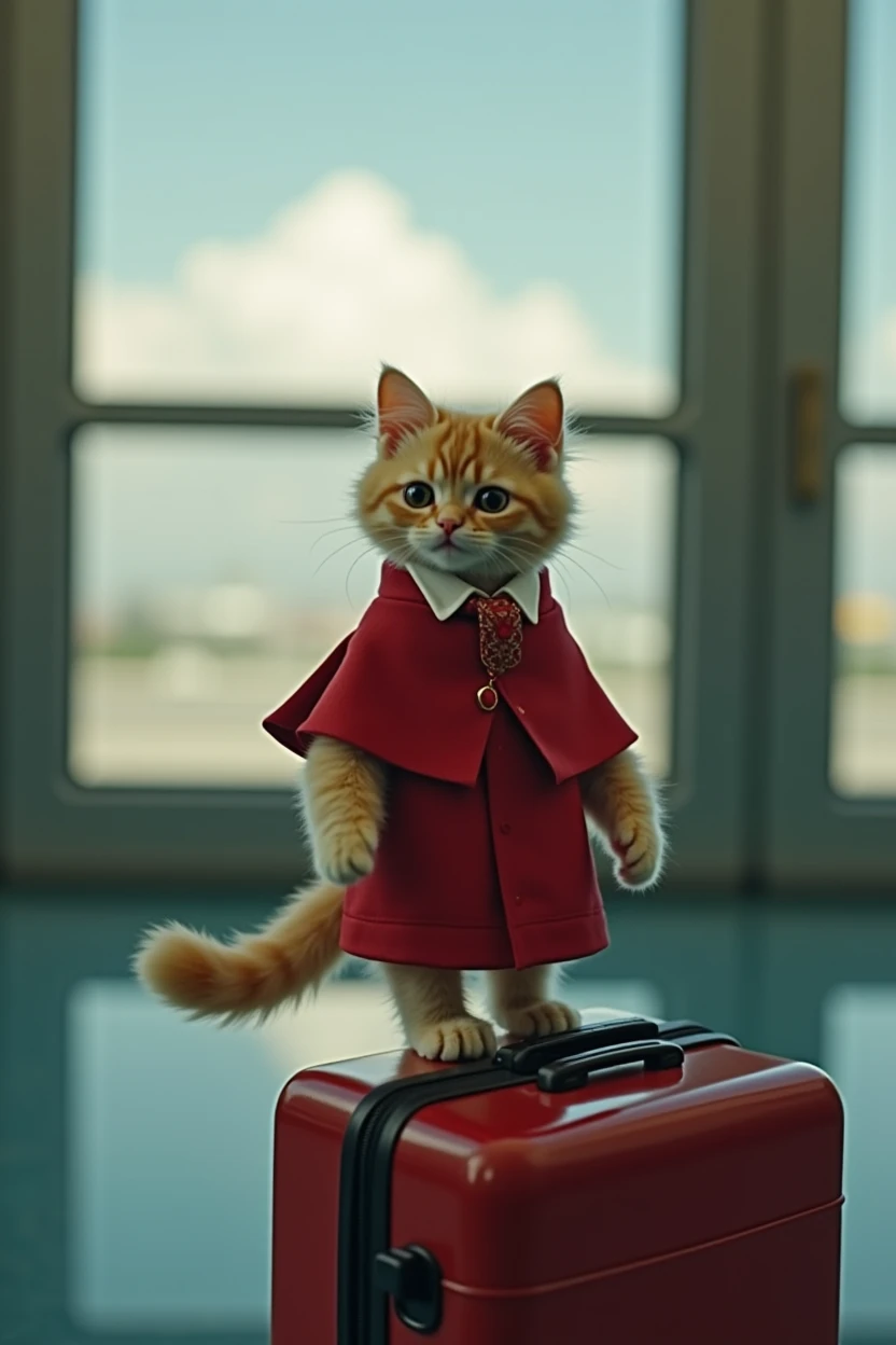 35mm lens,Multiple angles,Beautiful Cat,cute,sexly,Personification,Back,Side,silhouette,Overhead shot,Cat,Standing,Doll,Airline stewardess,Trolley case,,AIRPORT,Airline stewardess, cloak,Ruan Jia,,Work clothes,tie, (Delicate face), (Fine fluffy fur),(35mm Cinema Lens),(Multi-angle shooting),(many viewing angles)