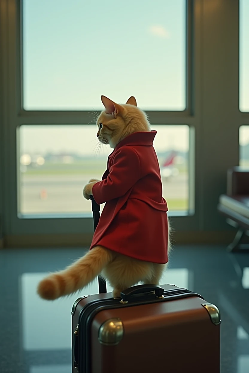 35mm lens,Multiple angles,Beautiful Cat,cute,sexly,Personification,Back,Side,silhouette,Overhead shot,Cat,Standing,Doll,Airline stewardess,Trolley case,,AIRPORT,Airline stewardess, cloak,Ruan Jia,,Work clothes,tie, (Delicate face), (Fine fluffy fur),(35mm Cinema Lens),(Multi-angle shooting),(many viewing angles)