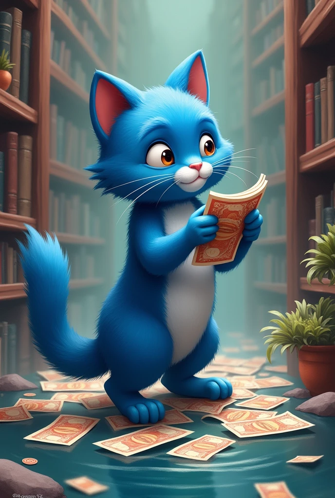 Blue cat spending money. Blue cat spending money. Chinese style background. Library, books piled up, banknotes floating on the river.