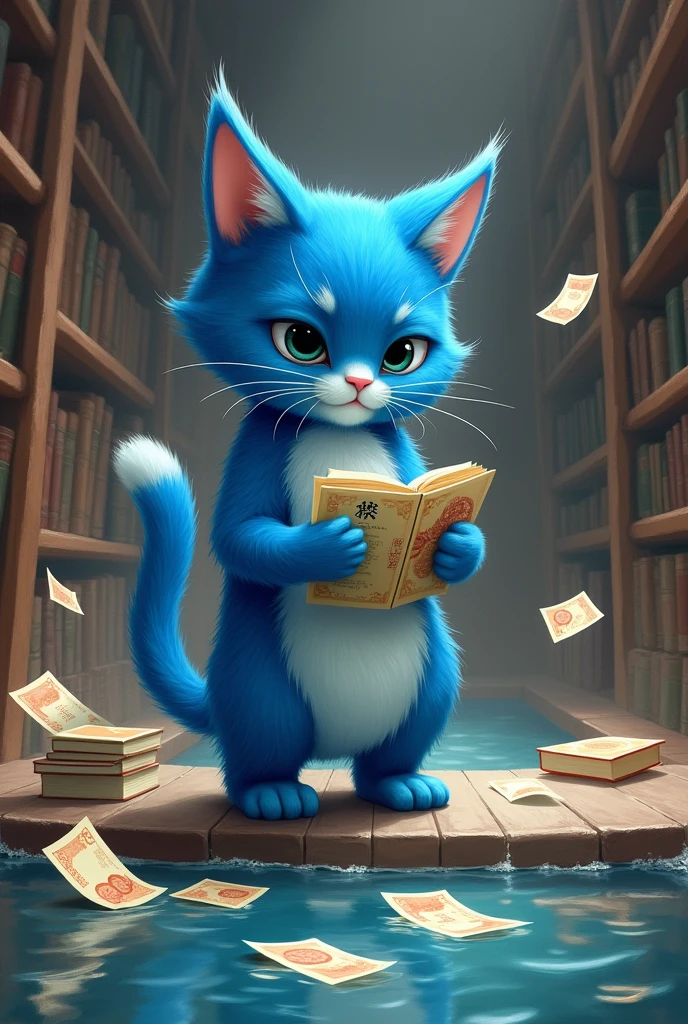 Blue cat spending money. Blue cat spending money. Chinese style background. Library, books piled up, banknotes floating on the river.