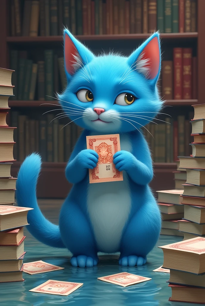 Blue cat spending money. Blue cat spending money. Chinese style background. Library, books piled up, banknotes floating on the river.