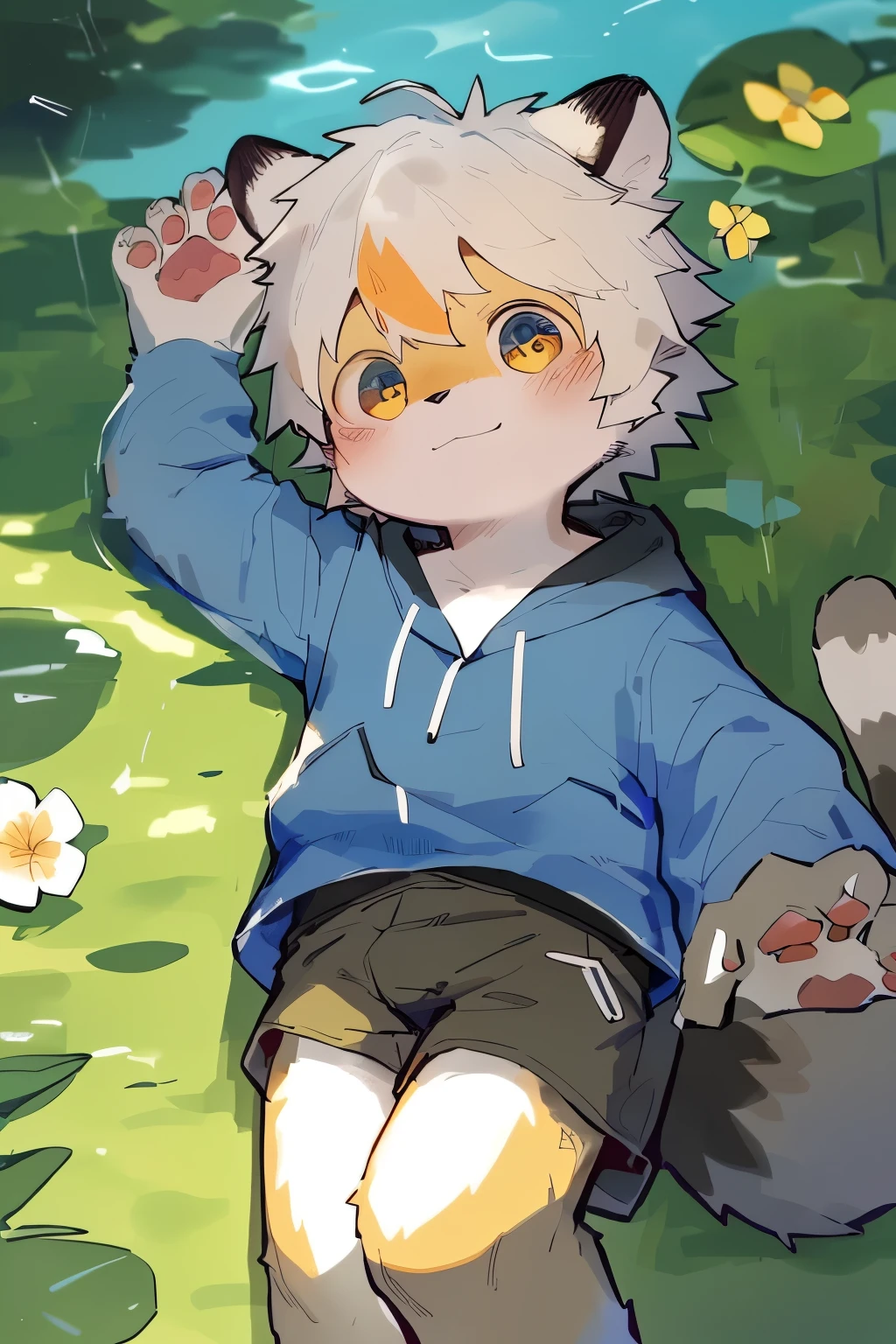 Masterpiece, Best quality, Perfect anatomy, Watery eyes, author:Milk Tiger 1145, author:K0bit0wani, Furry, coyote, (Phyllis:0.3), muscular male, 独奏, wears, baggy clothes, wet fur, (Translucent raincoat:1.1), (holding flower:1.1), Lying, bird's eyes view, grass, rain, water, Rained,((Boy,shota)),boy,Pino Deheny, Carney announced, milkytiger1145, Dagasi, Yes,