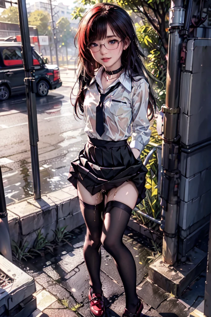 girl, 8 years old, 1 girl, woman, emo_hairstyle, Red lipstick, collar, Eyeliner, eyeshadow, smoky eyes, realistic lighting, school, shirt , tie, skirt, black stockings, long hair, flat chest, Shiny skin, grin, crying, bukkake, peeing self, pissing stream between legs, tights, rectangular frame glasses, bright red lipstick, wet clothes, allure, lustful sight, standing in the bus, skirt lift