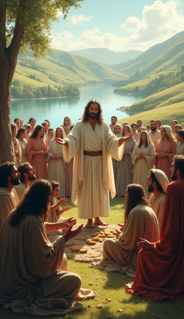 Create a landscape
picture of jesus feeding 5000 people