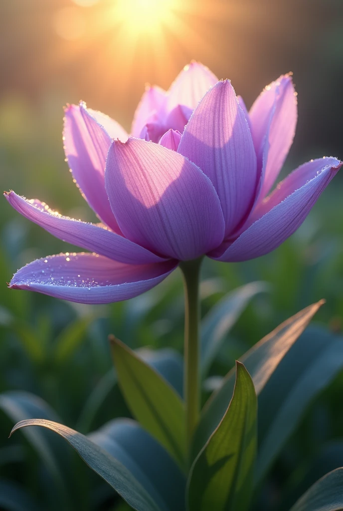 Imagine a serene garden in the early morning light, where a single, radiant flower takes center stage. This flower, with its delicate petals unfurling like silk, is a rich shade of deep violet, gradually fading into a soft lavender at the edges. Each petal is intricately detailed, with fine veins of silver running through them, catching the gentle rays of the rising sun. Dewdrops cling to the flower, sparkling like tiny diamonds, and a subtle, sweet fragrance fills the air. The flower stands tall amidst lush green leaves, surrounded by a soft, golden glow that gives it an almost ethereal presence, as if it’s a bloom from a dream.