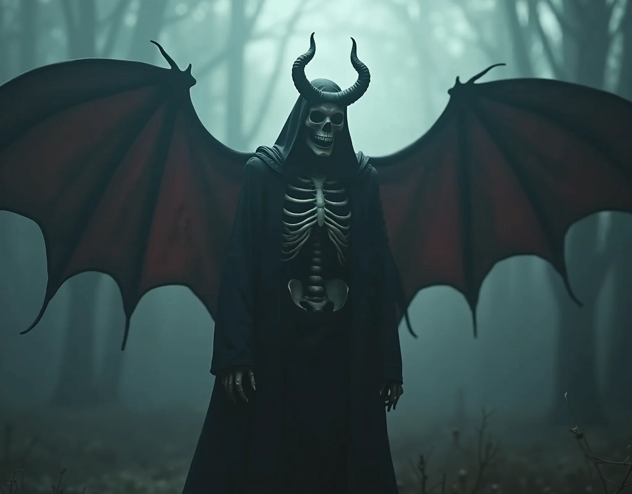 1skeleton ,demoniac, bat wings, black torn clothes, (high resolution, high detail, best quality), medium breasts. [Entire scene is surrounded by mist, evoking a mysterious and eerie atmosphere. The lighting is dark and atmospheric, with smoke and fog adding a touch of sinister ambiance. Best quality image, HDR enhancement, showcasing the utmost level of detail and realism]. [8K, Best Quality, Ultra High Resolution, (highly detailed CG unity 8k wallpaper), (best photo), (best shadows), isometric 3D, octane rendering, ray tracing, highly detailed, (Best quality, 4K, 8k:1.2), absurdity, ultra detailed, (realistic, photorealistic, photorealistic:1.37), complex parts, HDR, (complex parts:1.12), (hyper detailed, hyper realistic, Soft lighting, spicy:1.2), (complex parts, Hyper detailed:1.15). Blurred foreground. (backlit), masterpiece, high quality, brightness, chromatic aberration, foggy smoke, shadows, contrast, (warm hue, warm tone), high details, natural reflections].