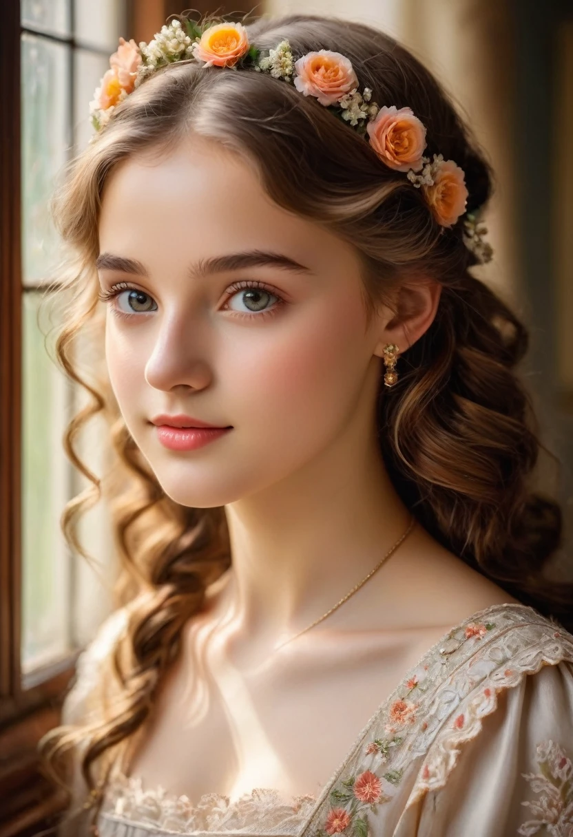 Portrait of a beautiful 16-year-old German girl in Munich in the 19th century: Oil painting of beautiful and delicate eyes, Beautiful and delicate lips, Extremely detailed eyes and face, Long eyelashes，Chestnut curly hair, Paired with delicate flower hair accessories，Elegant and gorgeous dresses in bright colors, Decorated with delicate lace and embroidery，Manicured hands holding a bouquet of flowers，Skin is soft and radiant, Healthy complexion，The eyes reveal the innocence and curiosity of youth，Beautiful figure，Gentle smile, The light sunlight shines in through the window, exuding eternal charm, A warm glow was cast on her face，Impeccable attention to lighting and shadows, Emphasizes a girl&#39;s natural beauty with rich and vibrant tones, Capturing the elegance and grandeur of 19th century Munich，Delicate brushwork and exquisite details, Demonstrating the artist&#39;s skill and mastery of the medium
(masterpiece:1.2), Extremely detailed, (Reality:1.37), HDR, Ultra HD, Professional portrait style, Reminiscent of the masters of that era，The overall atmosphere is warm and pleasant, Take the audience back to the past era