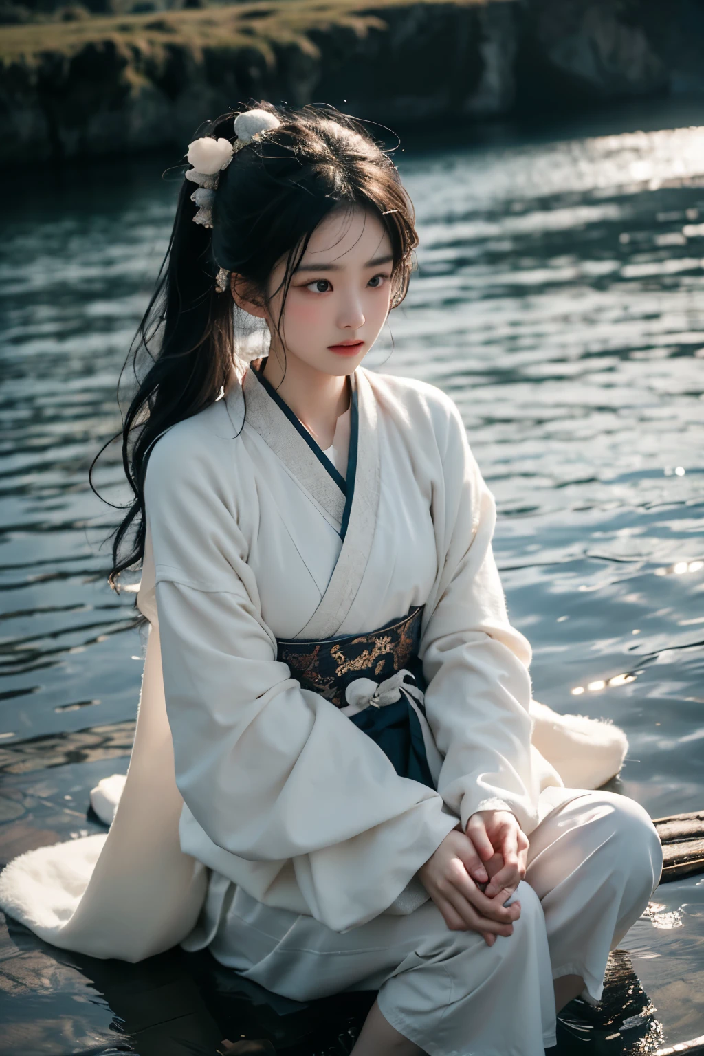 Ultra HD, 4K, Extremely detailed, Movie, a photograph of Fraction_9,Fraction_8_up,(masterpiece,best quality,Ultra-high resolution:1.1),prefect Lighting,score_clearly,Very beautifulBREAK (Sweat and purity:1.1), side_Light,(Bokeh:1.1),(Looking at the audience:0.9), 1 Girl,Breast separation,20 years old,Underwater,Movie A Chinese Ghost Story,Hanfu, Wu Zhongxing, Light makeup,outdoor,Icelandic landscape,, epic, beautiful Lighting, Inspiring