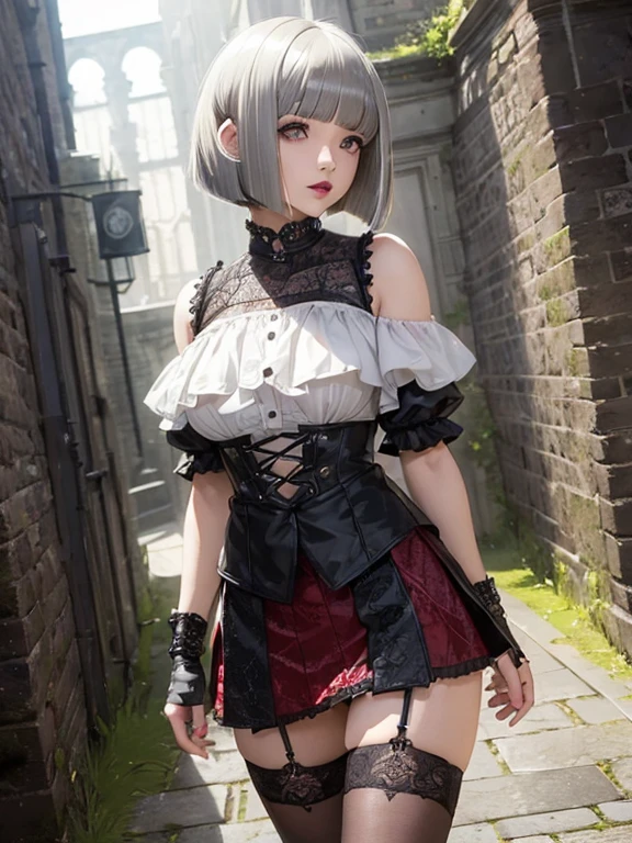 (((Top Quality: 1.4))),(Unparalleled Masterpiece), (Ultra High Definition),(Ultra-Realistic 8k CG),art by Luis Royo, 23-year-old gothic punk girl, detailed cute face, white hair, gothic punk fashion, highly detailed gothic fashion, shot skirt, heavy make up,),(dark red lipstick), size, London mansion background, Backlight effect, lens flare, depth of fields, blurry backround,Detailedface,1 girl,  Detailed eyes, (bob cut hair:1.5), hair bangs,(thigh up shot image :1.5),