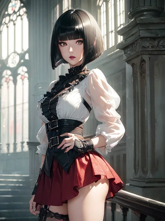 (((Top Quality: 1.4))),(Unparalleled Masterpiece), (Ultra High Definition),(Ultra-Realistic 8k CG),art by Luis Royo, 23-year-old gothic punk girl, detailed cute face, white hair, gothic punk fashion, highly detailed gothic fashion, shot skirt, heavy make up,),(dark red lipstick), size, London mansion background, Backlight effect, lens flare, depth of fields, blurry backround,Detailedface,1 girl, Detailed eyes, (bob cut hair:1.5), hair bangs,(thigh up shot image :1.5),