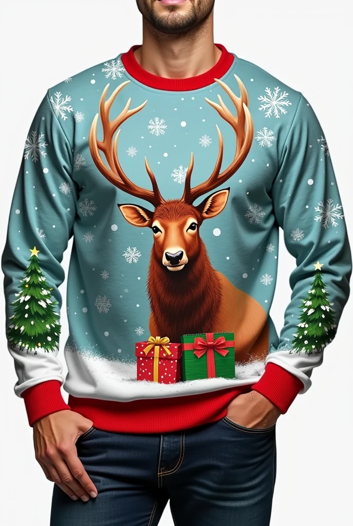 Elk pattern： 设计一个生动可爱的Elk pattern，Can be a whole elk or just the head，This cute character is instantly recognizable。
Christmas elements： Add Christmas elements to sweatshirts，Like snowflakes、gift box、Christmas tree, etc.，与Elk pattern相得益彰。
Holiday colors： Use Christmas colors，Like red、green、White, etc，It creates a strong festive atmosphere。
Details： 注重Details，For example, elk horns、Eye、Nose and other parts，Make the design more refined and vivid。
Style Selection： Crew neck pattern layout： The pattern can be placed on the chest、Back or full print，Choose the right layout based on your design needs and style。