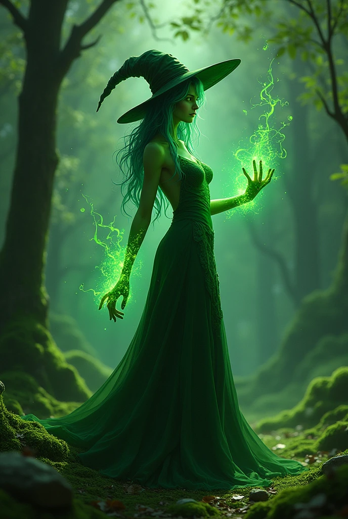 Witch, green skin, bare feet tickle