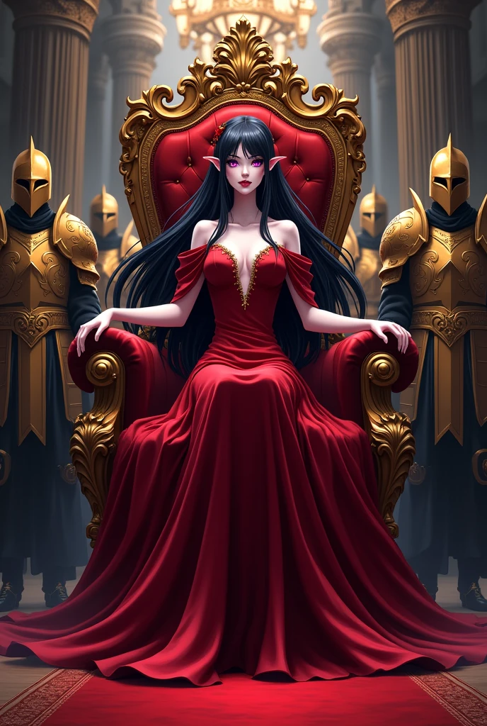 A real vampire with black hair, red dress, white skin and purple eyes, sitting on a throne in a hall with a red carpet, beside her her guards in golden armor, anime styling