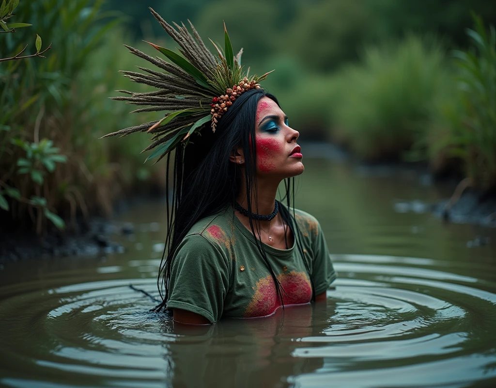 extremely detailed woman in t-shirt,is victim of ritual, drowned below muddy bog, fashion photoshoot posing,gloomy orgasm, sexy posing, provocative photoshoot, headdress,traditional indigenous makeup. red, green, blue, side view,