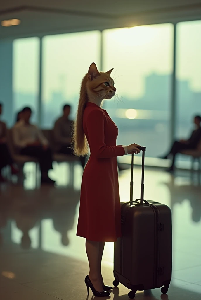 35mm lens,Multiple angles,Beautiful Cat,cute,sexly,Personification,Back,Side,silhouette,Overhead shot,Cat,Standing,Doll,Airline stewardess,Trolley case,,AIRPORT,Airline stewardess, cloak,Ruan Jia,,Work clothes,tie, (Delicate face), (Fine fluffy fur),(35mm Cinema Lens),(Multi-angle shooting),(many viewing angles)
