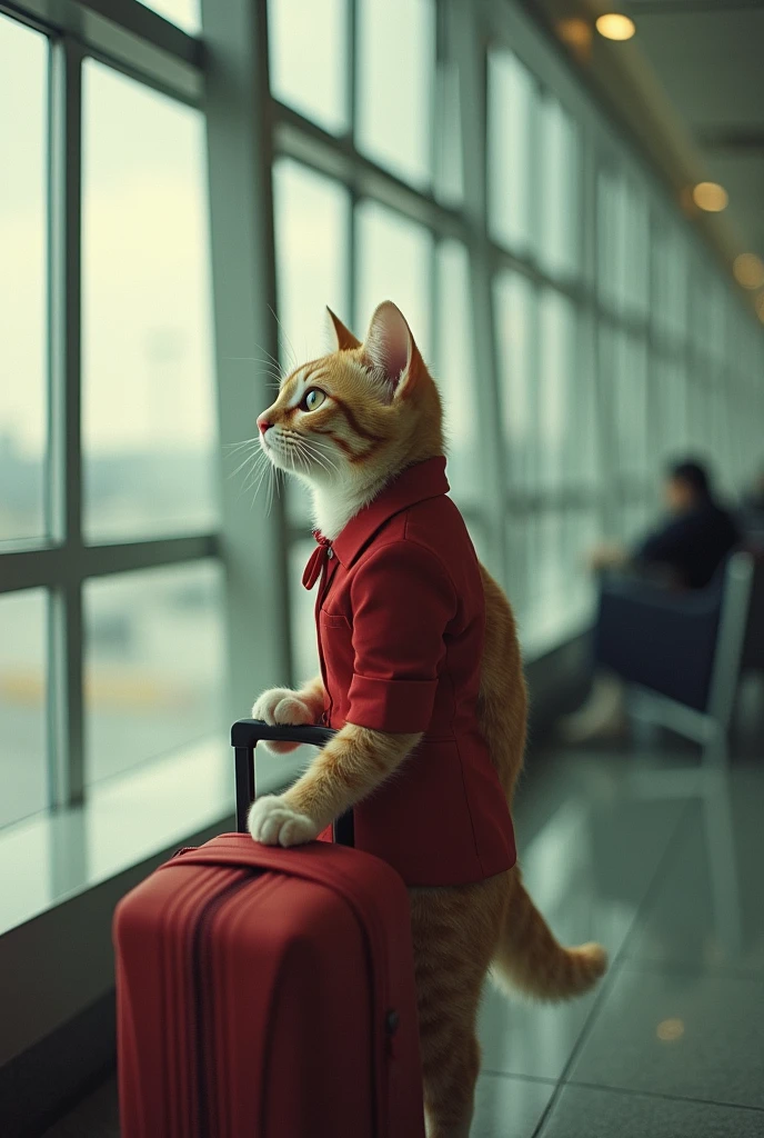 35mm lens,Multiple angles,Beautiful Cat,cute,sexly,Personification,Back,Side,silhouette,Overhead shot,Cat,Standing,Doll,Airline stewardess,Trolley case,,AIRPORT,Airline stewardess, cloak,Ruan Jia,,Work clothes,tie, (Delicate face), (Fine fluffy fur),(35mm Cinema Lens),(Multi-angle shooting),(many viewing angles)