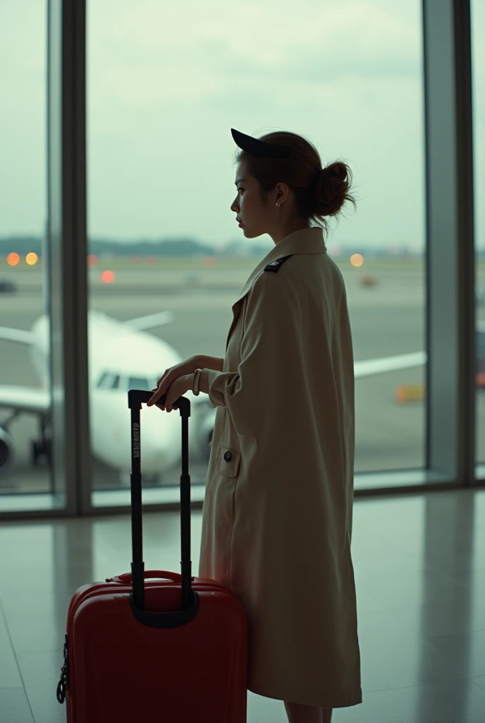 35mm lens,Multiple angles,Beautiful Cat,cute,sexly,Personification,Back,Side,silhouette,Overhead shot,Cat,Standing,Doll,Airline stewardess,Trolley case,,AIRPORT,Airline stewardess, cloak,Ruan Jia,,Work clothes,tie, (Delicate face), (Fine fluffy fur),(35mm Cinema Lens),(Multi-angle shooting),(many viewing angles)