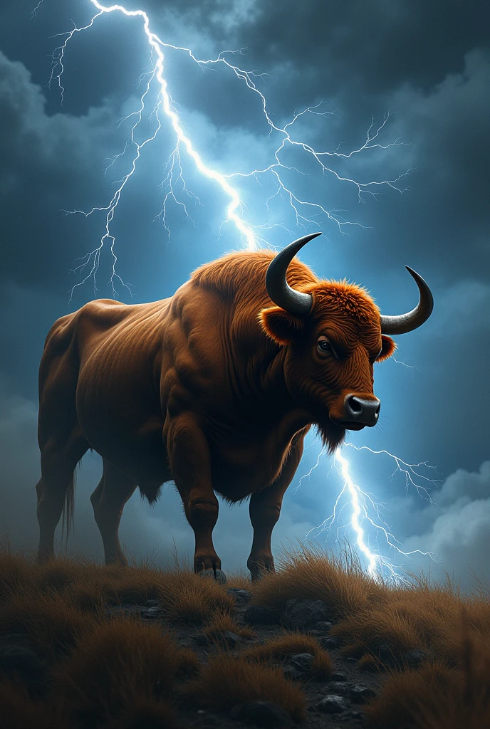 Bull with lighting background 
