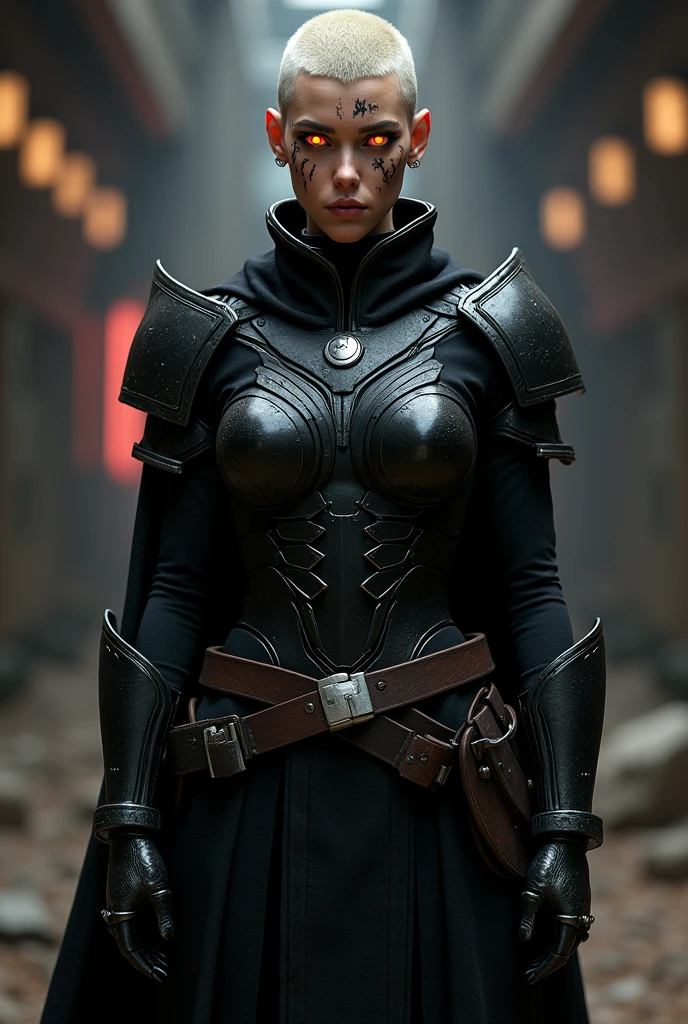 Female sith, buzzcut, black full body armor, standing, frontal, facial scars, red and yellow eyes, scifi helmet