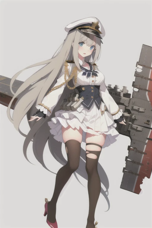lexington \(warship girls r\),((masterpiece)),(((best quality))),((ultra-detailed)),((illustration)),((disheveled hair)),((frills)),(1 girl),(solo),
1girl, black legwear, blue eyes, braid, breasts, damaged, hair ribbon, hat, high heels, jacket, long hair, looking at viewer, medium breasts, open mouth, pantyhose, peaked cap, shoes, skirt, solo, torn clothes, torn dress, torn gloves, torn jacket, torn legwear, torn leotard, torn panties, torn pants, torn shirt, torn skirt, torn sleeves, uniform, very long hair, white headwear, flaxen hair, Brown stockings, stockings, Broken flight deck, torn flight deck, Flight deck at waist level