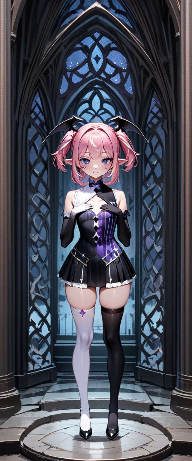 UHD, masterpiece, best quality, extremely detailed, anatomically correct, sharp focus, Midnight, Church , altar isle, 1girl, solo, camilavtuber, pink hair, short hair, shoulder length hair, (black head wings), (twin ponytail), purple eyes, facial mark, black arm sleeves, slim arms, black gloves, small chest, single back wing, long black gown, slim legs, black thighhighs, black high heels, (full body) ,close-up shot, innocent pose, eye-level shot, front view, innocent pose