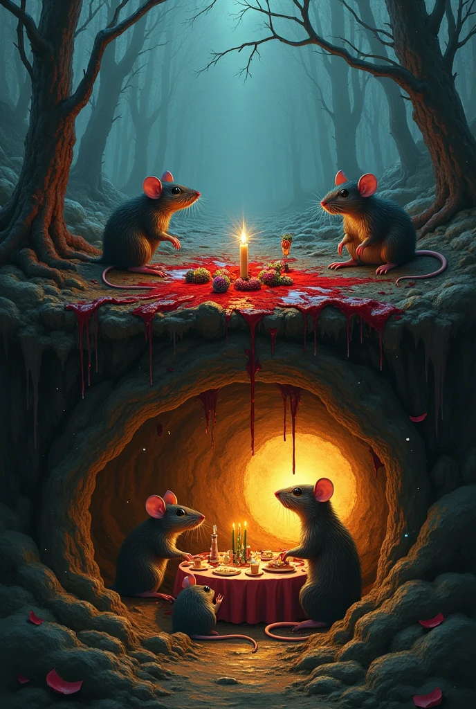 Over the ground there's blood and corpse but no rat, under the ground there's a rat family celebrating in a hole.