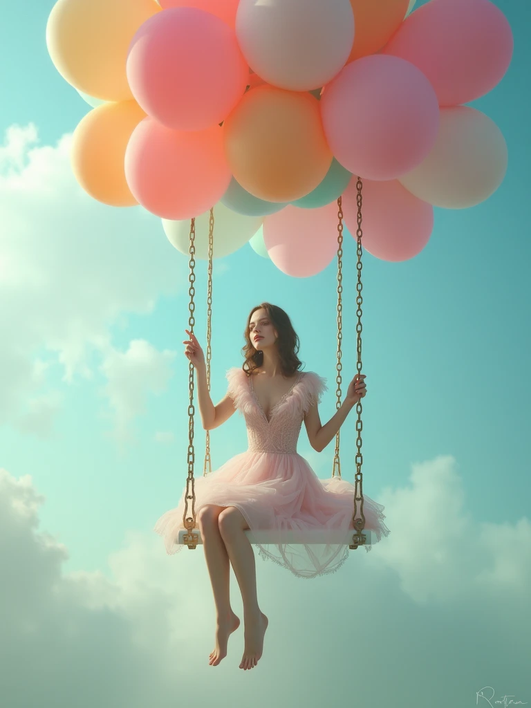 a woman sitting on a swing surrounded by balloons, a colorized photo, magical realism, feminine in pastel shades, floating in mist, glamorous composition, riding in the sky