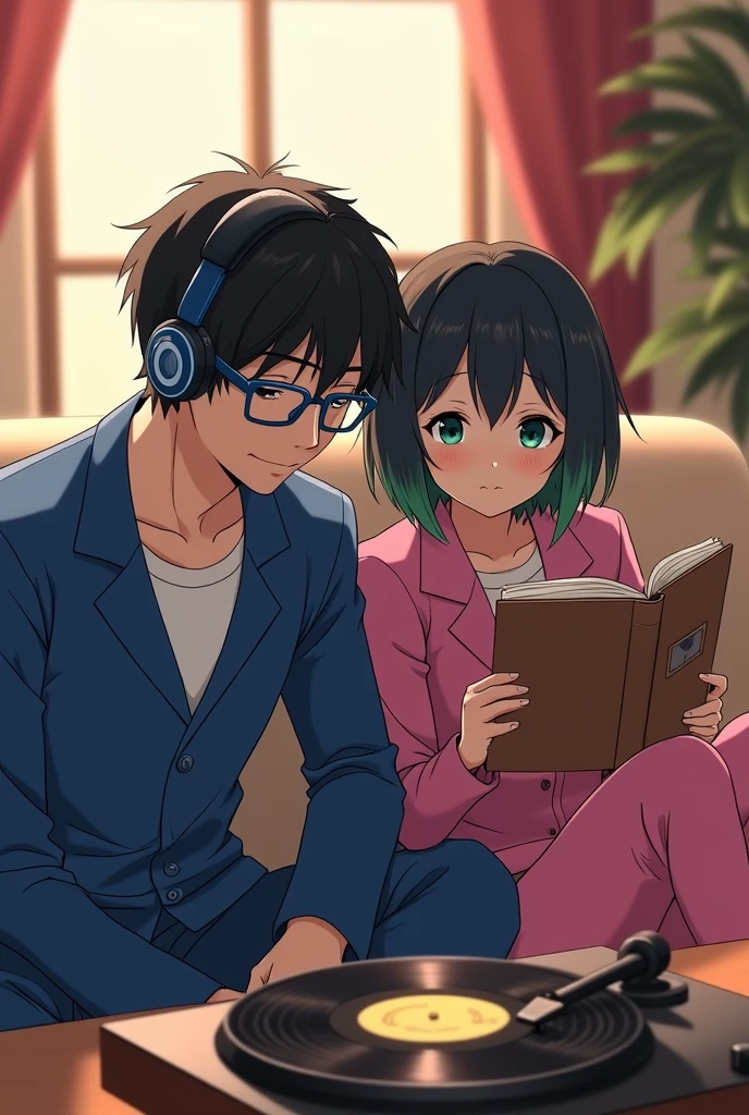 an anime couple, the boy who is listening to music, with black hair and blue frame colored glasses, and with brown eyes, with a blue Stitch suit and the girl reading next to him, with black hair and green highlights, The girl&#39;s hair is short in front and long in back, with dark brown eyes, with a pink Stitch suit, Next to them there should be a record player and a vinyl record, that the record player is seen in its entirety.

