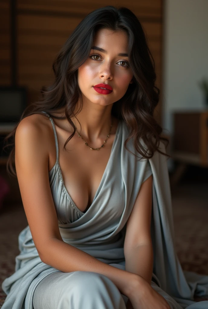 A 15 years old beautiful hot indian girl, large breast, perfect body shape,wearing silver silky saree, red lipstick, sitting on knee, sucking a man cock
