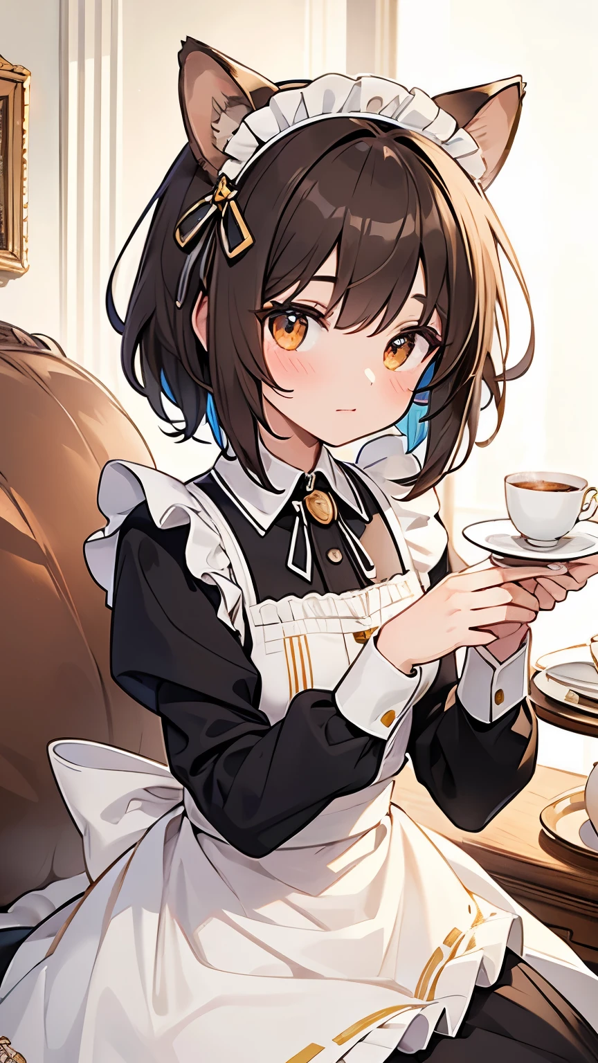 Bob Hair, Shallow brown hair, hair band, Squirrel ears, Art Deco, Shine, Symmetric, throw, Anatomically correct, Textured skin, Attention to detail, Highest quality, Super Detail, maid, pretty girl, Tea Time, Coffee cup, colorful
