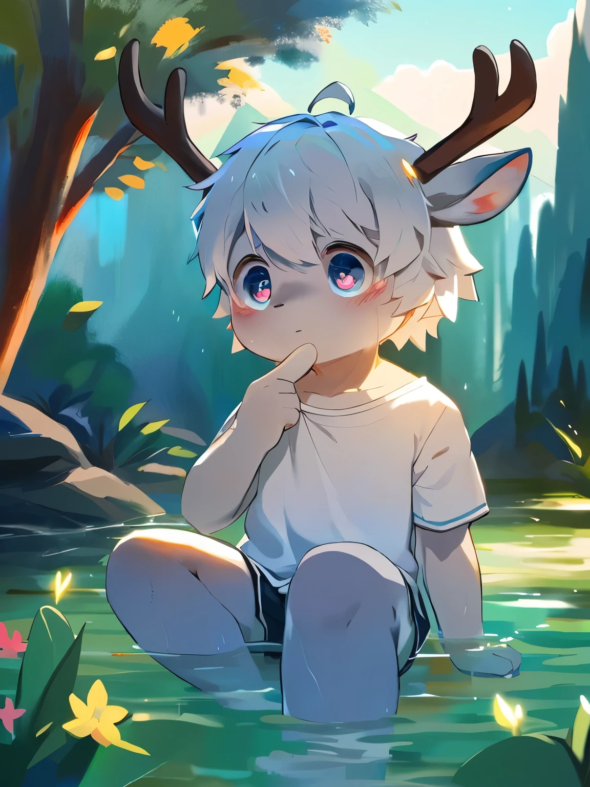 masterpiece,Best quality,Gauss,Practical,boy,Male focus,solo, (Delicate eyes and delicate face) , (Handsome face) , (Perfect anatomical structure) ,Thick eyebrows,Short and delicate hair,Very fine details, 4K , 8K ,Movie Lighting,Amazing Art,Beautiful scenery , (Deer bathing in a clear mountain spring) , (blue or white or red sexy) ,Wet,The tree,Rios,Short and delicate hair,transparent,Colored lights,Very shy,The right hand,Beautiful flowers and green leaves,antlers,鹿boy,Toddler,Pino Deheny, Carney announced, milkytiger1145, Dagasi, Yes,