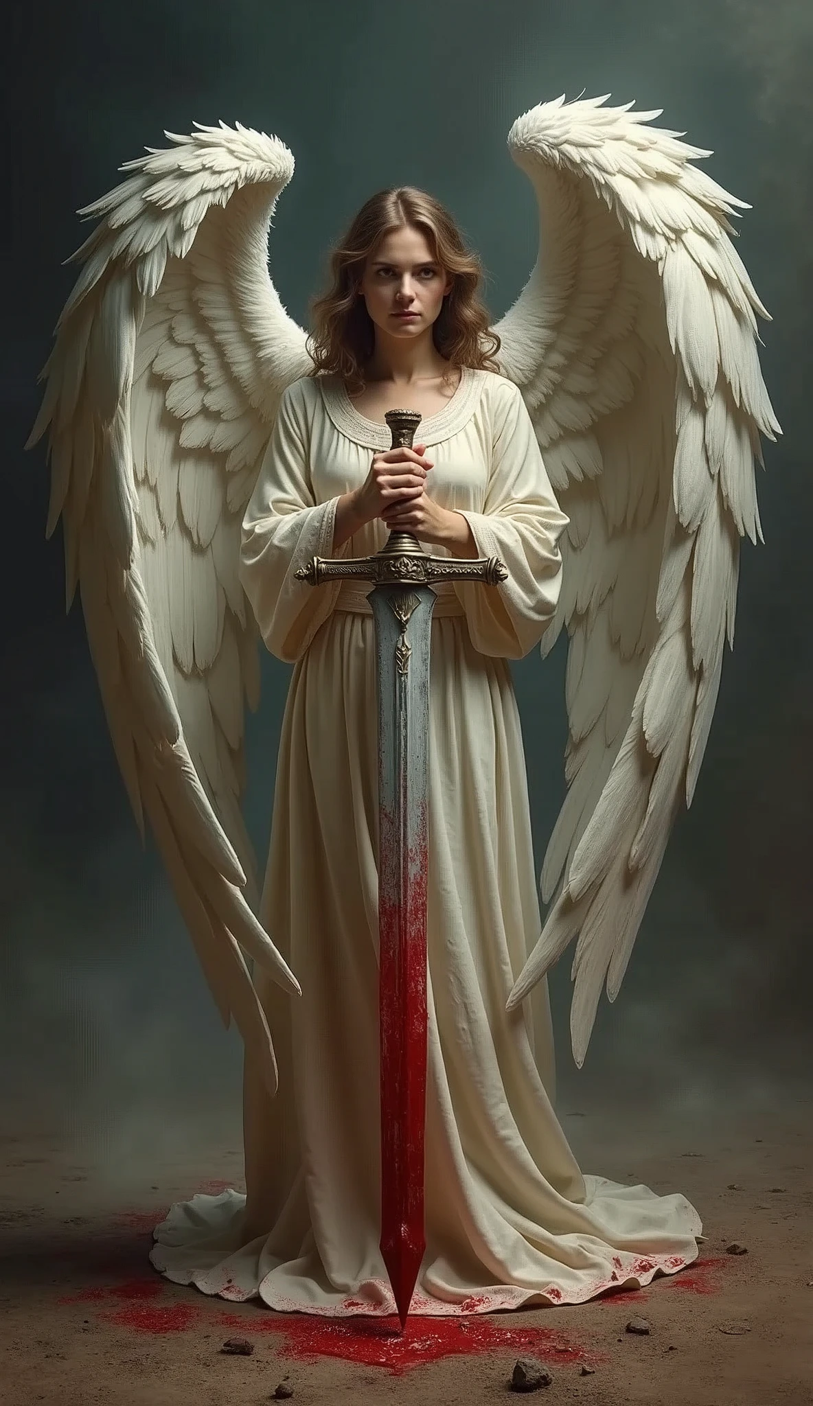 Angel,Holding the holy sword in both hands,Wings with blood,Battle damage,Injuried,feather,battlefield,Dim background