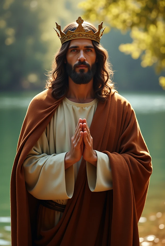 Perfect hand 5 finger, Portrait of a handsome Jesus Christ wearing the brown king clothes with king crown in the lake, Jesus Christ, real blue eyes, sunny day, intricate details.real Jesus Christ, straight head face, Straight body.Prayer Jesus Christ, perfect full body, perfect hands finger,Prayer Jesus Christ, praying Jesus Christ backgrounds natural photographic