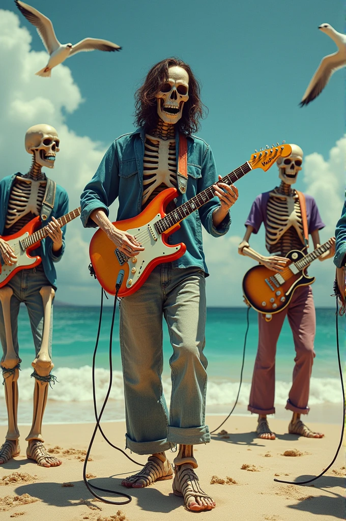 Greatful dead at the beach but make everyone skelaton but jerry