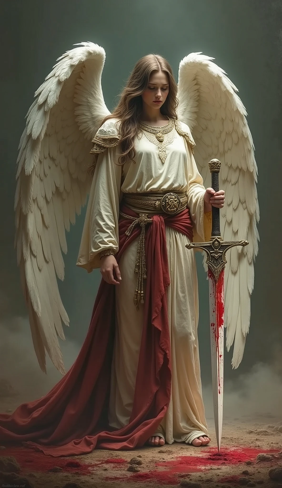 Angel，Holding the holy sword in both hands，Wings with blood，Battle damage，Injuried，feather，battlefield，Dim background
