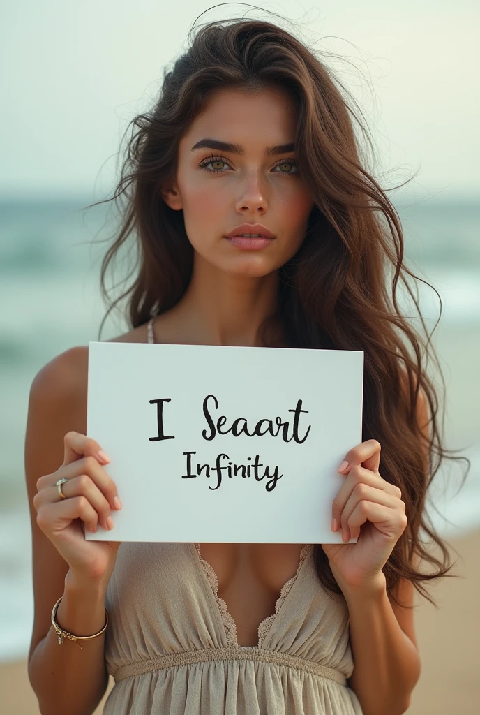 Beautiful girl with wavy long hair, bohemian dress, holding a white board with text "I Love Seaart Infinity" and showing it to the viewer