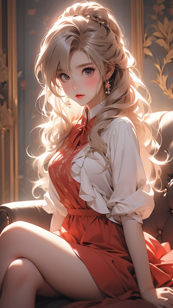 A woman in a red and white dress posing for a photo, Sit on the sofa、Sexy pose、Spread your legs、Skirt Lift、 Full Body Shot、kinomoto, Haruno sakura, ayaka Cosplay, Madoka Kaname, Zero Two, anime girl Cosplay, Megumi Okada, Cosplay, anime Cosplay, Haruno sakura, rei hiroe, publicity Cosplay, kinmoza!, Happy!!!, As Yuuki、Highest quality、High resolution、Detailed Background、(beautiful face in every detail)、Anatomically correct、(Draw the normal number of fingers)、(Detailed facial expressions)、(Detailed eyes)、beautiful, Smooth Skin、Teenage Beauty、well-groomed eyebrows、