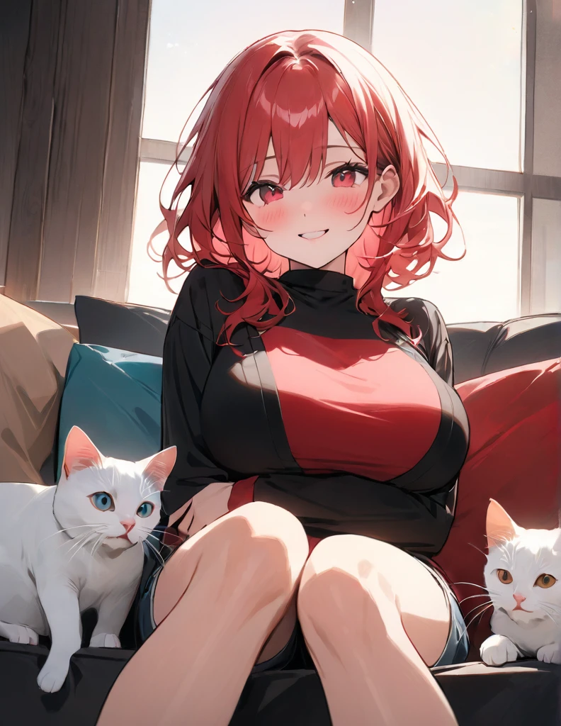 anime、Digital Art、Flat Design、Big Breasts、Wearing short plain shorts、Sitting on a single sofa、Embarrassed face、Love at first sight、Cute Smile、超High resolution, (masterpiece:1.2), Highest quality, High resolution,  Attention to detail、her hair color is pink&red、Playing with a cat、1 cat、Being comforted by cats