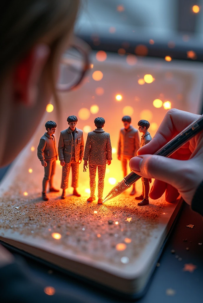 Fascinating, hyper-realistic 16K 3D figure captures a magical moment of pure creativity. Talented artists expertly depict heartfelt messages, "BTS -- Jin -- Rm -- Suga -- Jhope -- Jimin -- V -- Jungkook. ", In your notebook. The text is composed of Vibrant, Sepia-toned stars with smooth transitions across the spectrum. Artist's Hands, Holding a transparent pen filled with sparkling stars, Exquisitely detailed, Symbolizes limitless creativity and imagination. Background、A three-dimensional sketchbook setting scattered throughout, このFascinating作品に深みと立体感を加える, gameffiti-inspired scene. The figure radiates energy, Movement, and Vibrant colors, A true work of art that celebrates creativity and imagination.., game, Cinematic, Vibrant, gameffiti, Painting, typogamephy, product, figure, photograph, 3D Rendering, fashion, Dark fantasy