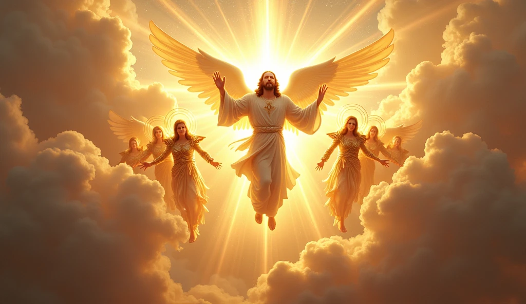 Generate a picture of jesus coming in clouds with his heavenly army
