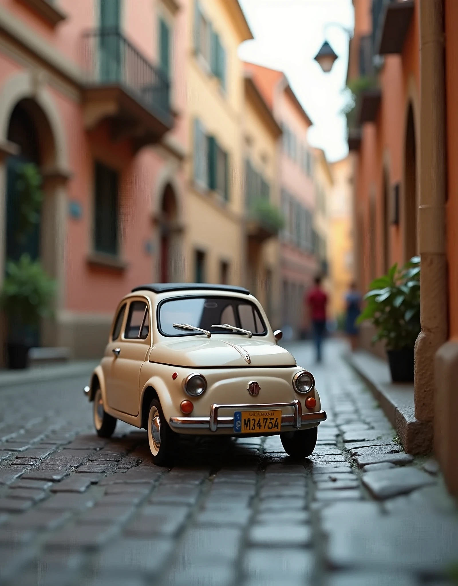 ((masterpiece,Highest quality,Highest quality)),Fiat 500 plastic model,Italian cityscape,Isometric 3D diorama,Matte Paint,Gentle lighting