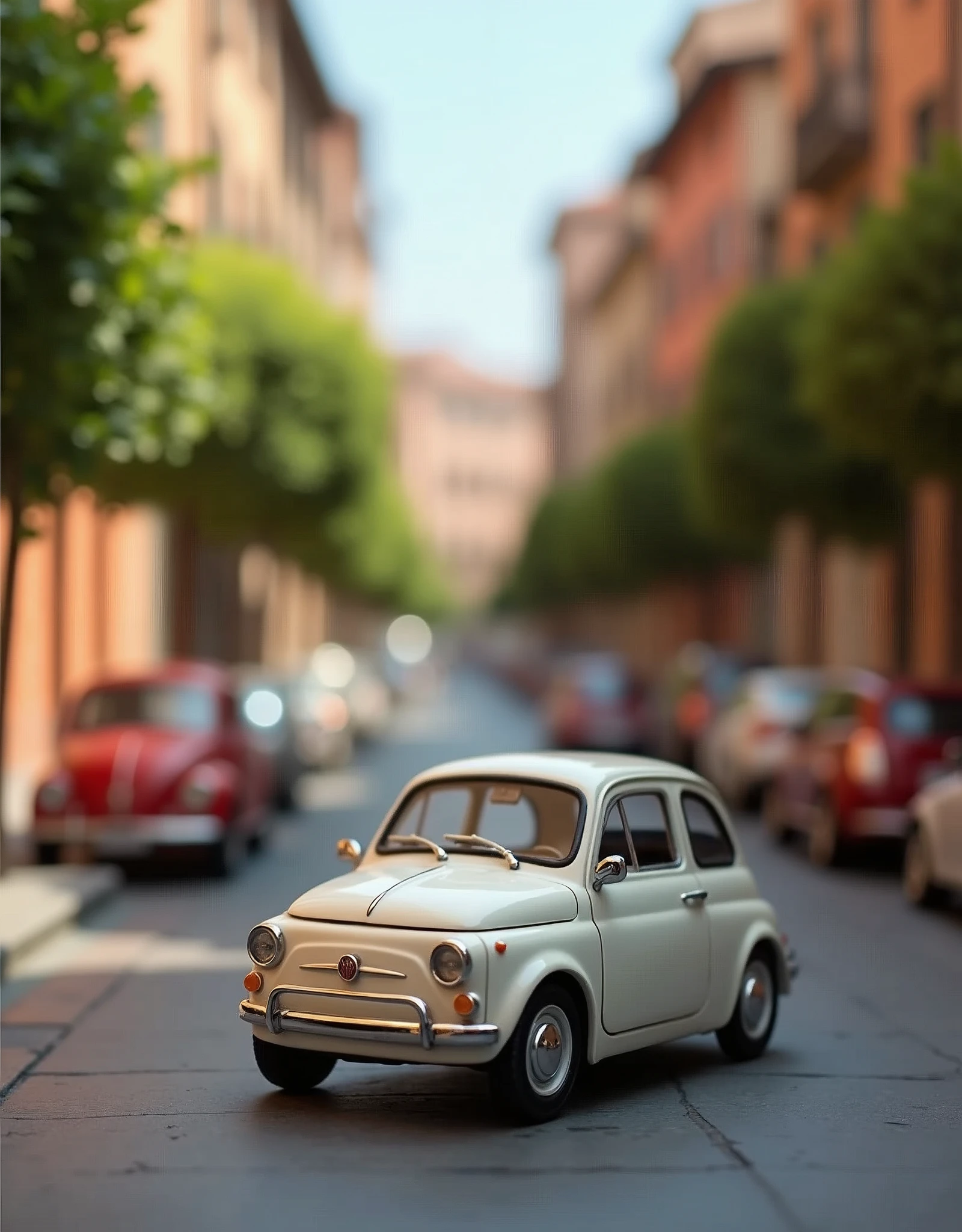 ((masterpiece,Highest quality,Highest quality)),Fiat 500 plastic model,Italian cityscape,Isometric 3D diorama,Matte Paint,Gentle lighting