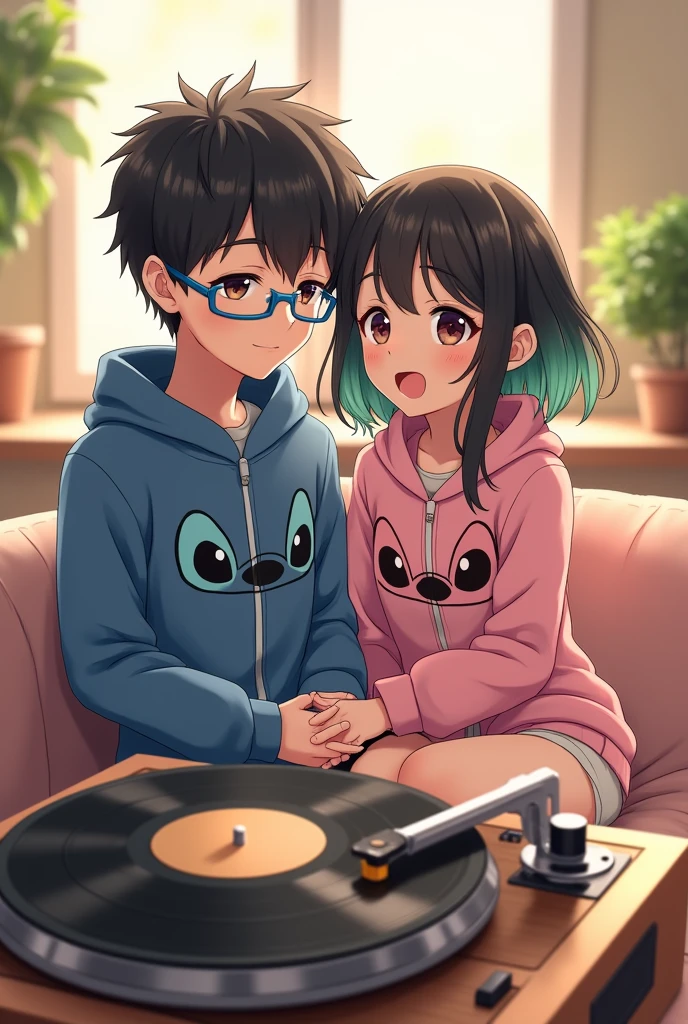 an anime couple, the boy who is listening to music, with black hair and blue frame colored glasses, and with brown eyes, with a blue Stitch suit and the girl reading next to him, with black hair and green highlights, The girl&#39;s hair is short in front and long in back, with dark brown eyes, with a pink Stitch suit, Next to them there should be a record player and a vinyl record, that the record player is seen in its entirety.

