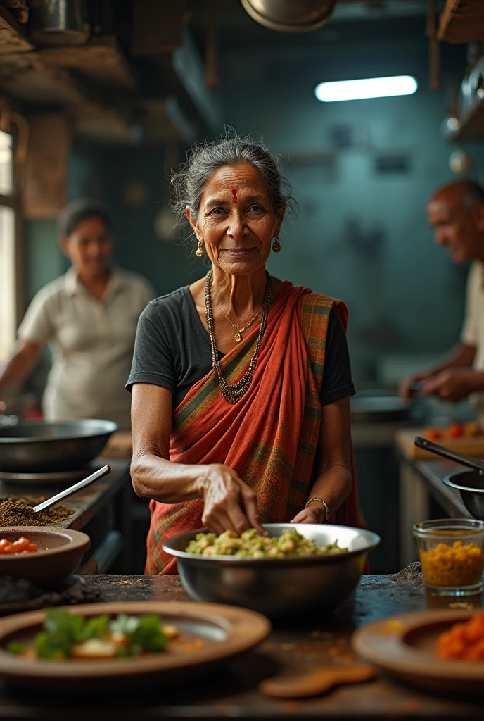 Kerala poor village lady in a hotel kitchen