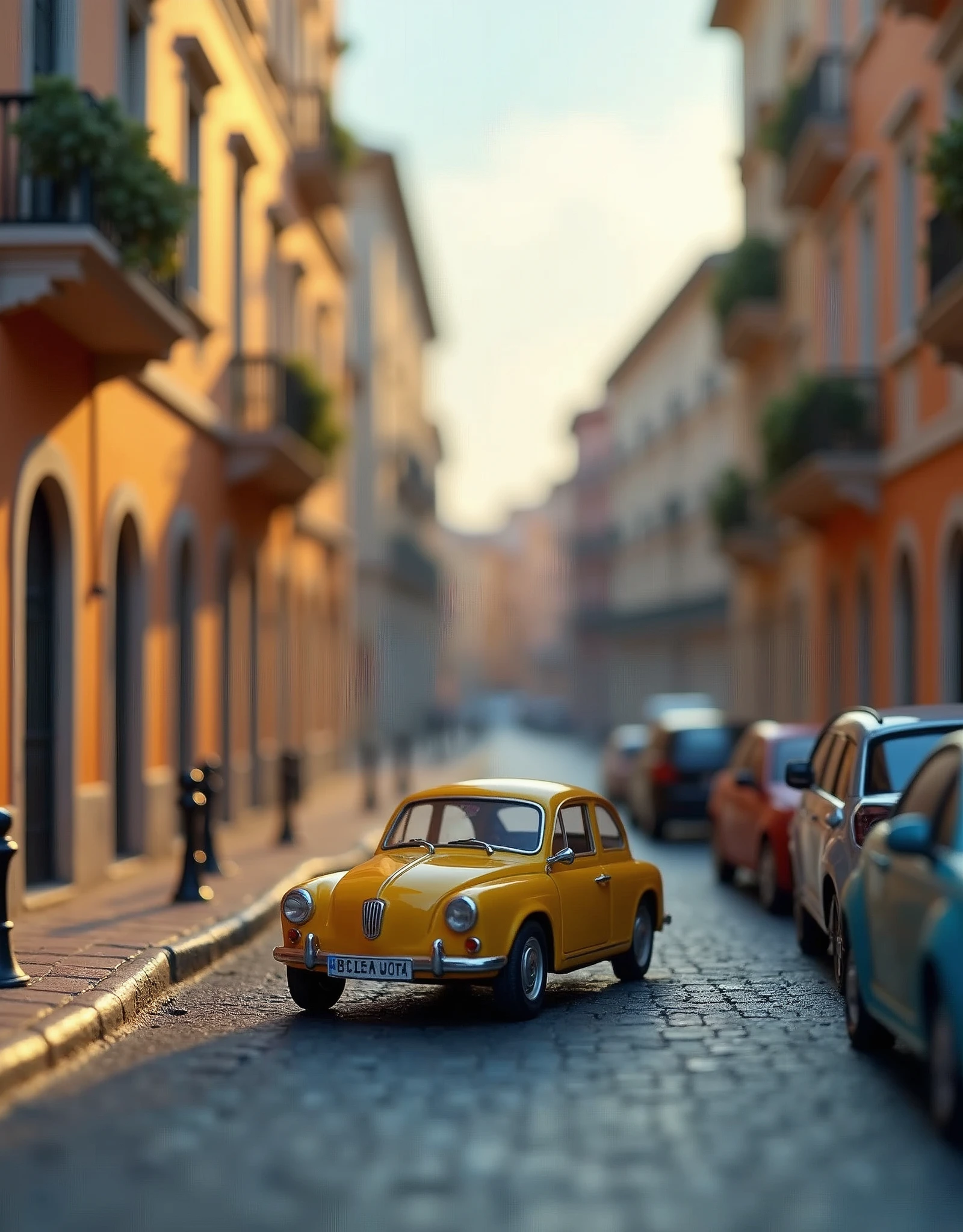 ((masterpiece,Highest quality,Highest quality)),Fiat 500 plastic model,Italian cityscape,Isometric 3D diorama,Matte Paint,Gentle lighting