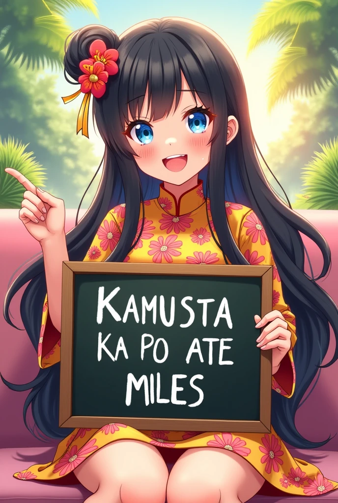 A delightful anime illustration of a Chinese girl with shiny black hair and bright blue eyes. She is adorned in avibrant dress with a unique pattern, holding a chalkboard with the phrase "KAMUSTA KA PO ATE MILES" written in white chalk. The girl is smiling playfully while pointing at her chalkboard sitting comfortably on a couch . The background is filled with colorful flowers and a warm, sunlit sky, creating a cheerful and inviting atmosphere coconut trees