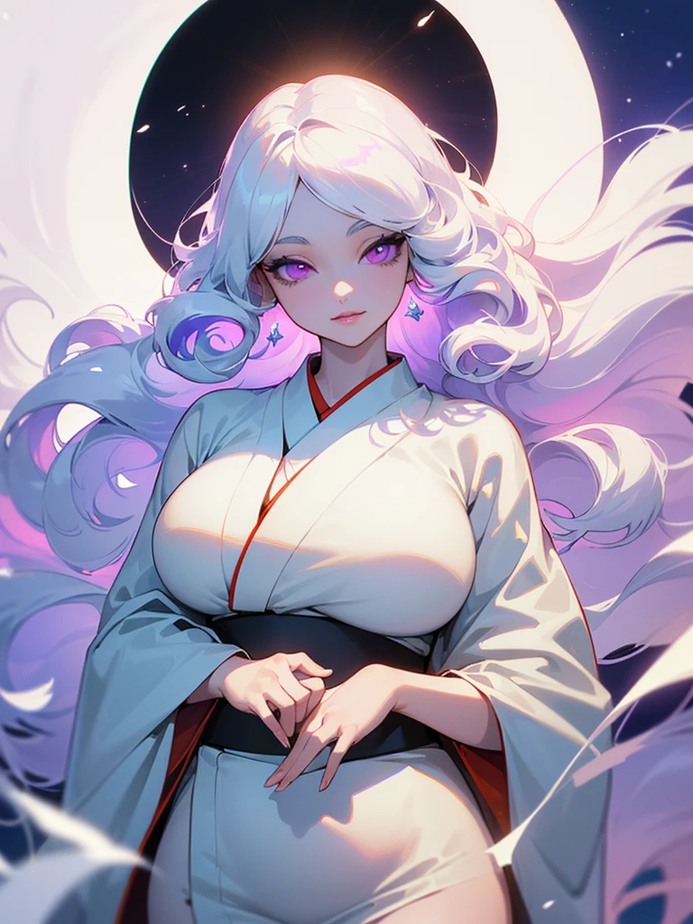 ((ultra quality)), ((masterpiece)), ((Moon and sun)), ((Water)), ((fire)), ((Angelic beauty woman)), ((long white curly hair)), ((White hair)), ((White hair)), ((curly hair)),  (beautiful face), (beautiful female lips), Enchanting ((Seductive facial expression)), looks at the camera with a slight smile, (White skin color), (White skin), glow on the body, ((detailed eyes)), ((violet eyes)), (juicy female lips), (dark eyeliner), (beautiful female hands), ((thick body)), ideal female body, ((white kimono)), beautiful waist, beautiful big hips, big breasts, thick thighs, ((Subtle and beautiful)) (), ((depth of field)), ((high quality clear image)), (delete details), ((High detail)), ((clear focus))