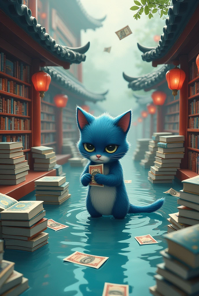 Blue cat spending money. Blue cat spending money. The cat has a sad expression. Chinese style background. There is a library with piles of books and banknotes floating on the river.