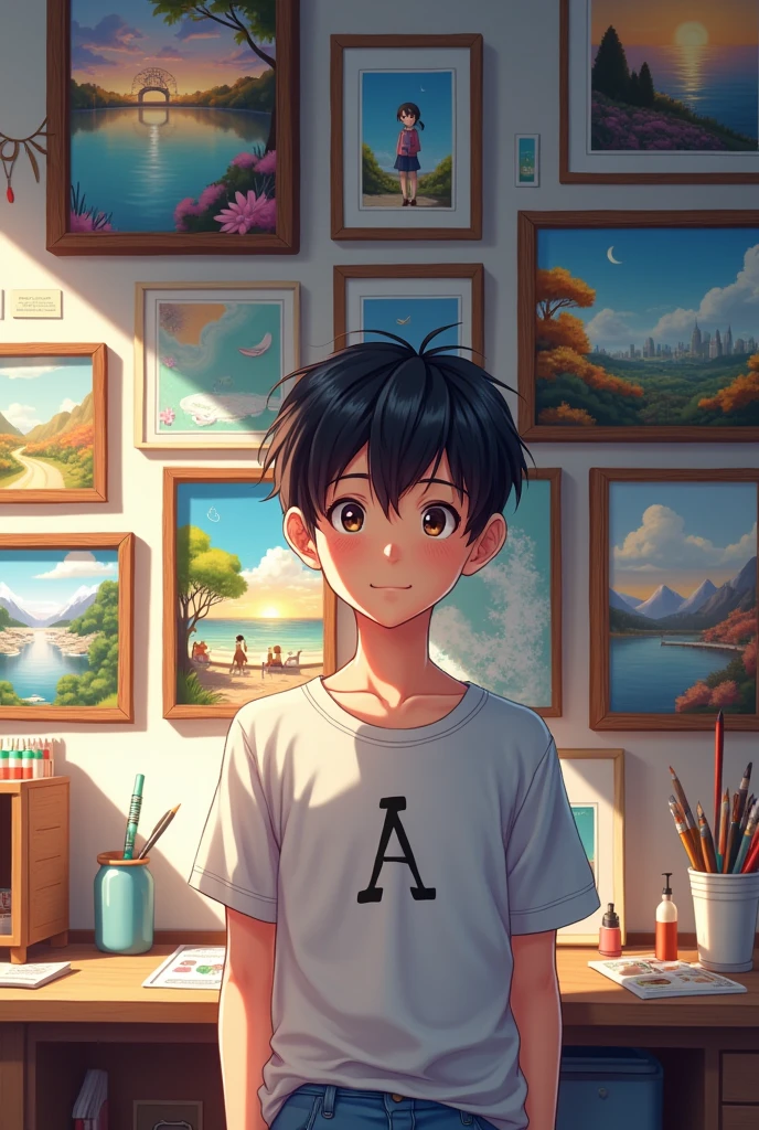  cute boy 18 years old  in art studio  and wall on anime art freams 

